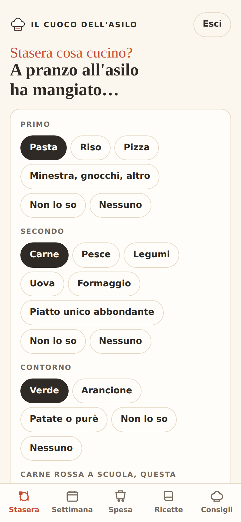 L'app web La cena giusta, schermata Stasera cosa cucino